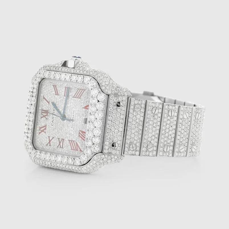 Iced Out Santos de Cartier 40mm Stainless Steel Red Dial Watch 23.5ct
