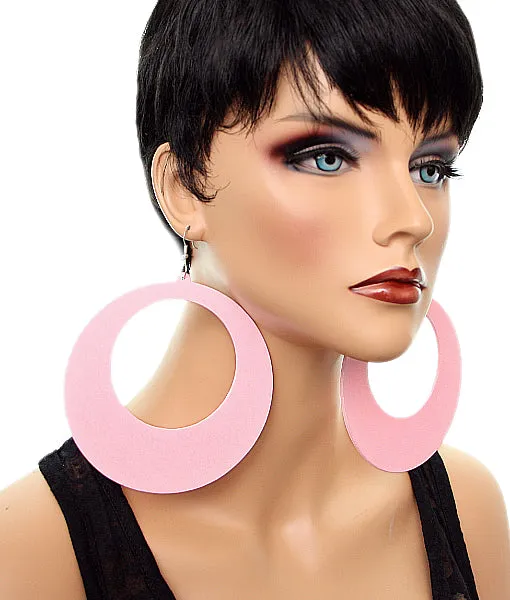 Light Pink Gigantic Wooden Round Hoop Earrings
