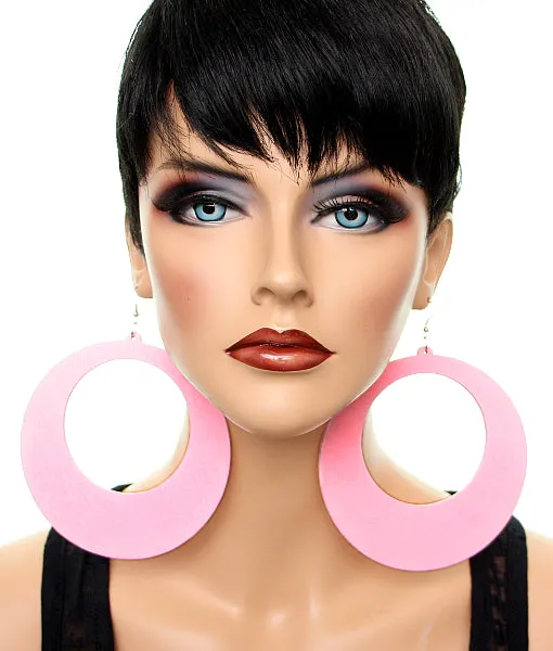 Light Pink Gigantic Wooden Round Hoop Earrings