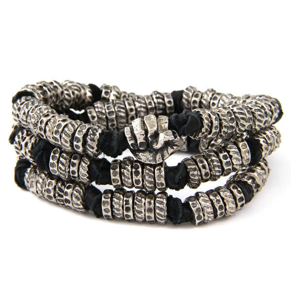 Mens Double Silver Faceted Bead Mens Bracelet on Brown Leather