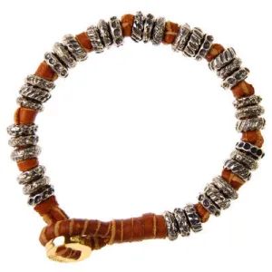 Mens Double Silver Spacer Bead Mens Bracelet on Tan Leather