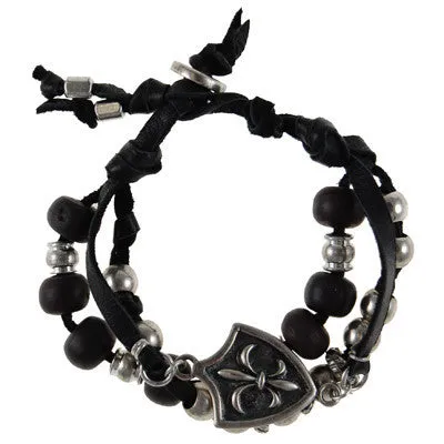 Mens Multi Bead Deerskin Leather Bracelet with Fleur De Lys Shield