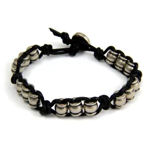 Mens Silver Collared Barrel Beads Black Leather Bracelet with Button Closure