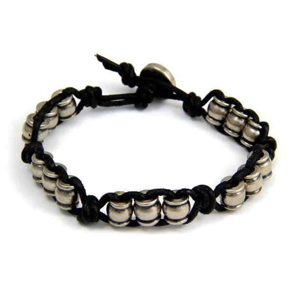 Mens Silver Collared Barrel Beads Black Leather Bracelet with Button Closure