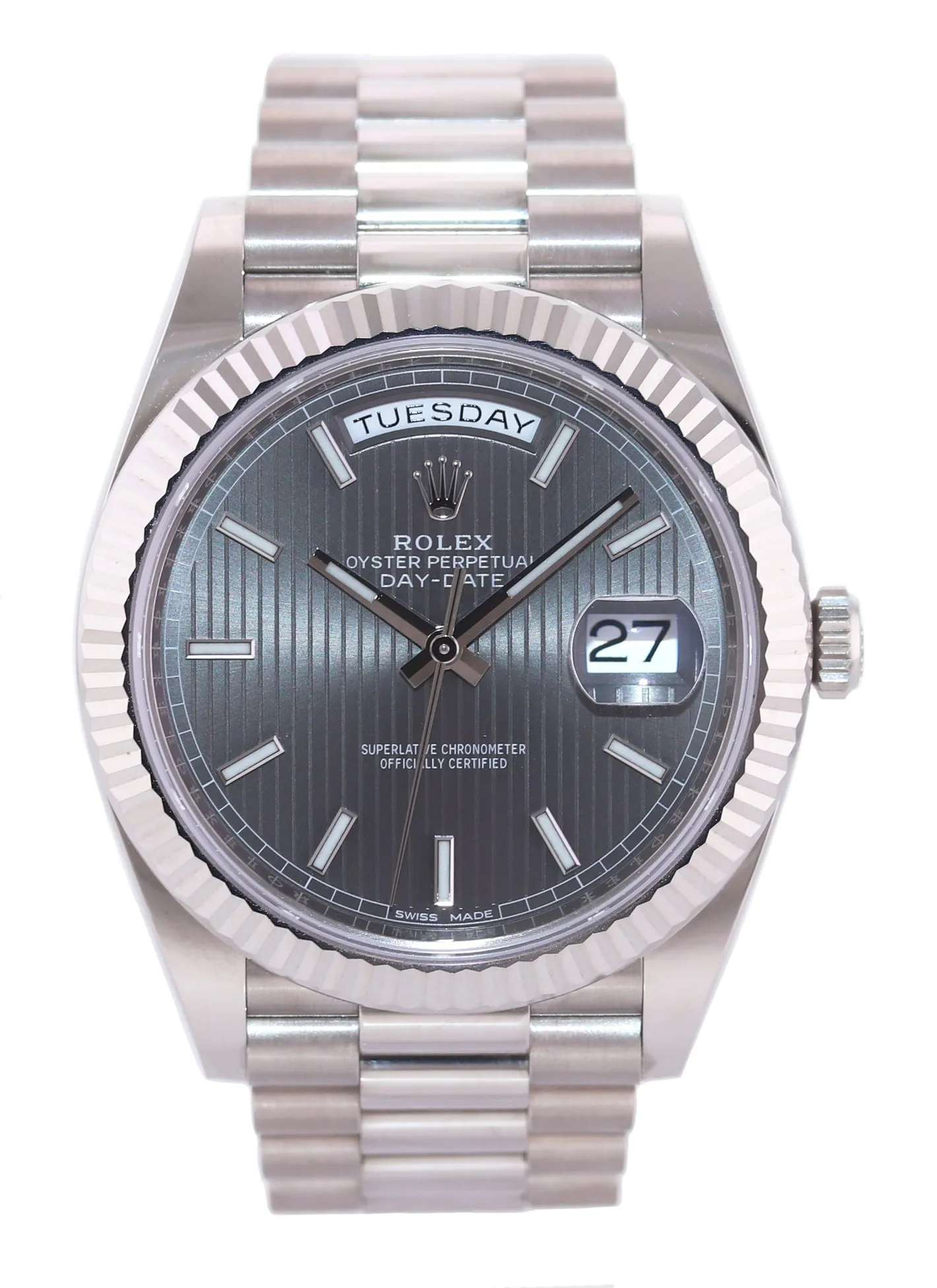 MINT 2020 Rolex Day Date 40 White Gold President Grey Tapestry 228239 Watch Box