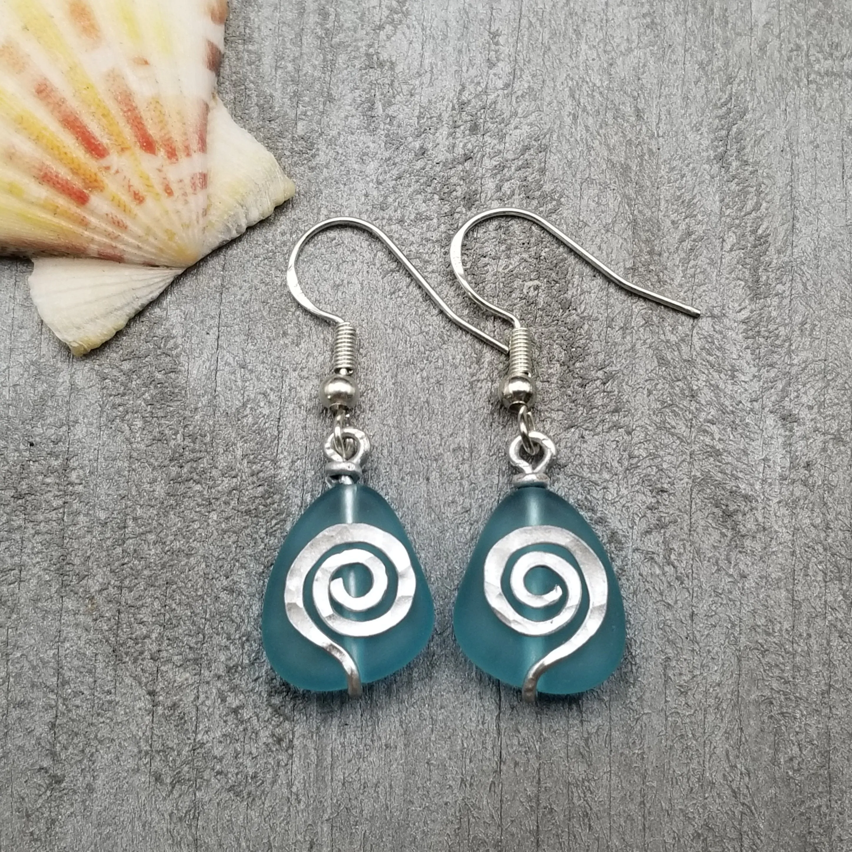 Moana Inspired Hawaii Hammered Wire Sea Glass Earrings, Hawaiian Jewelry Gift For Her, (Matching Necklace in Store)