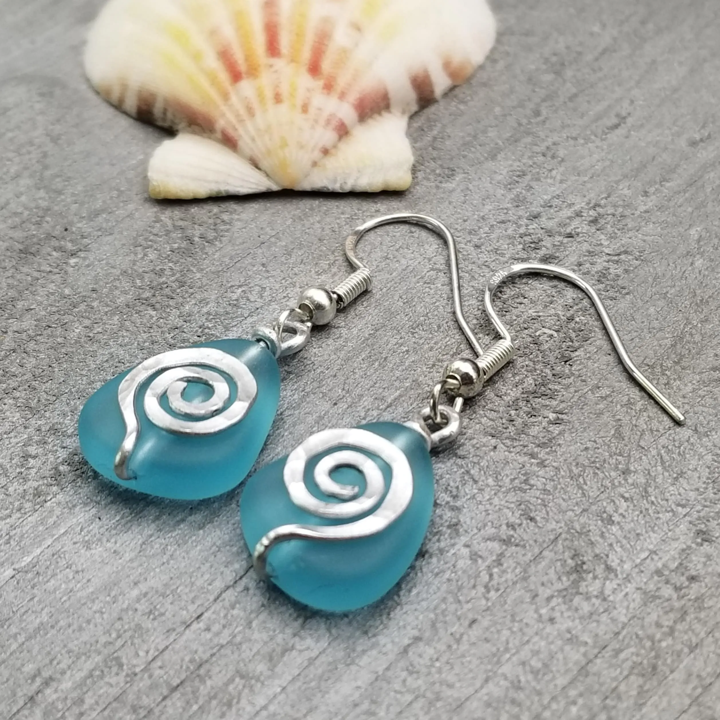 Moana Inspired Hawaii Hammered Wire Sea Glass Earrings, Hawaiian Jewelry Gift For Her, (Matching Necklace in Store)