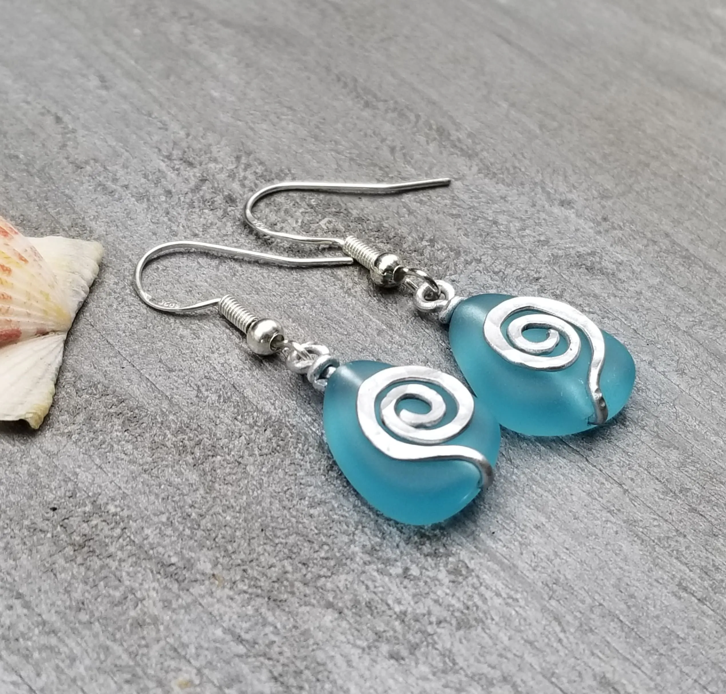 Moana Inspired Hawaii Hammered Wire Sea Glass Earrings, Hawaiian Jewelry Gift For Her, (Matching Necklace in Store)