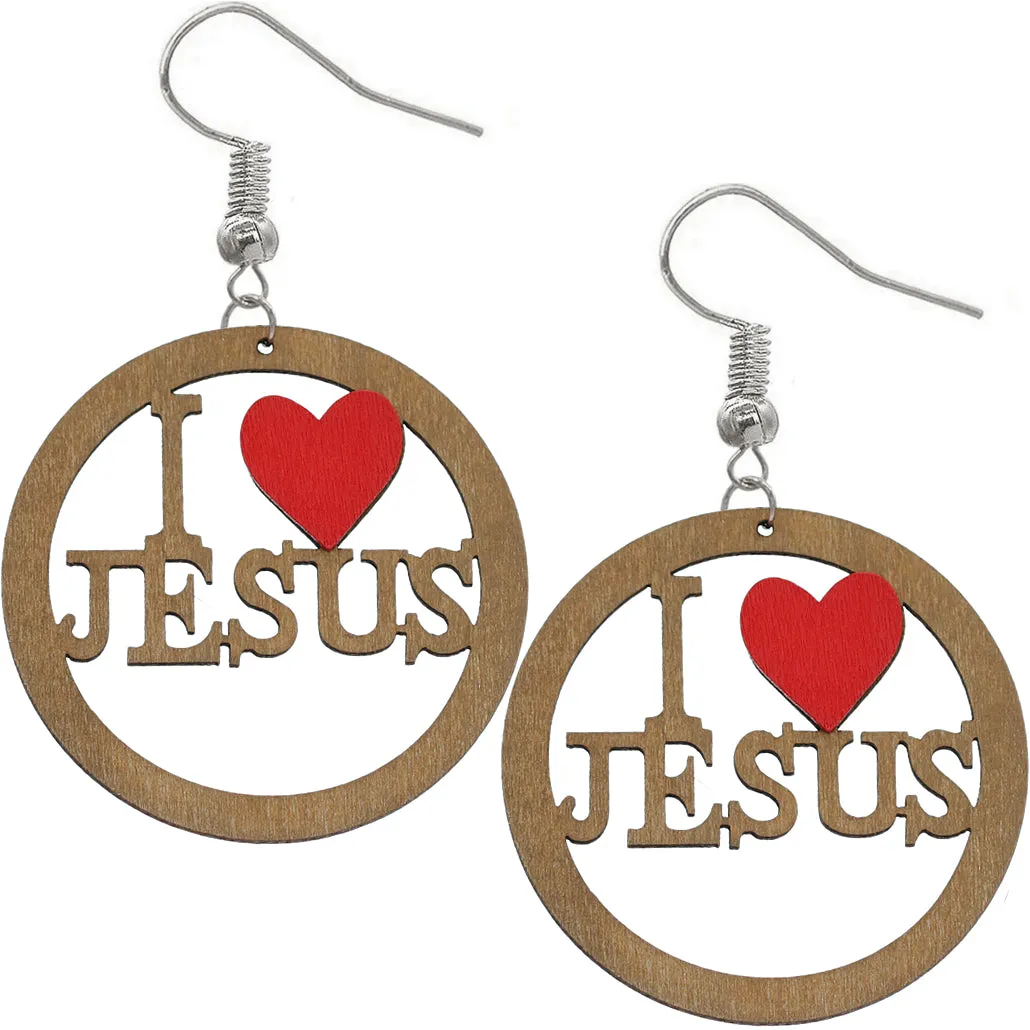 Natural Brown I Love Jesus Wooden Earrings