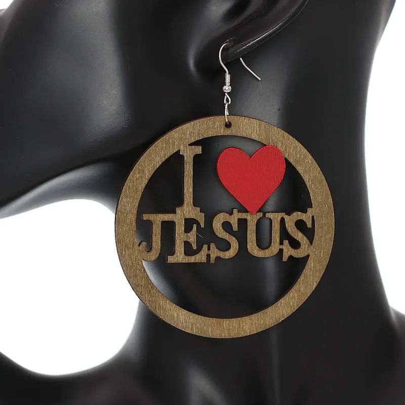 Natural Brown I Love Jesus Wooden Earrings
