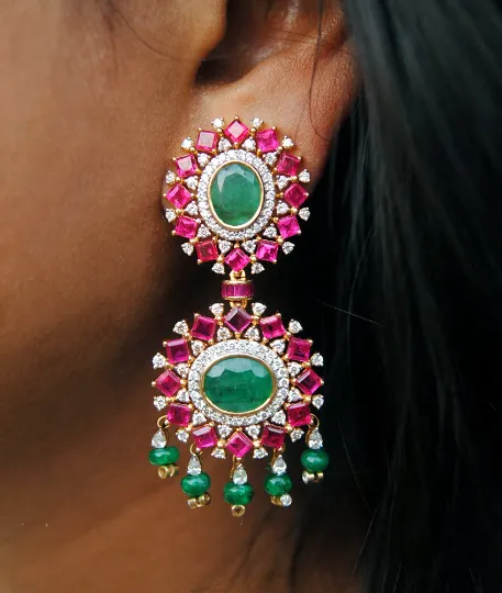 Natural Emerald, Ruby and Diamond Statement Earrings