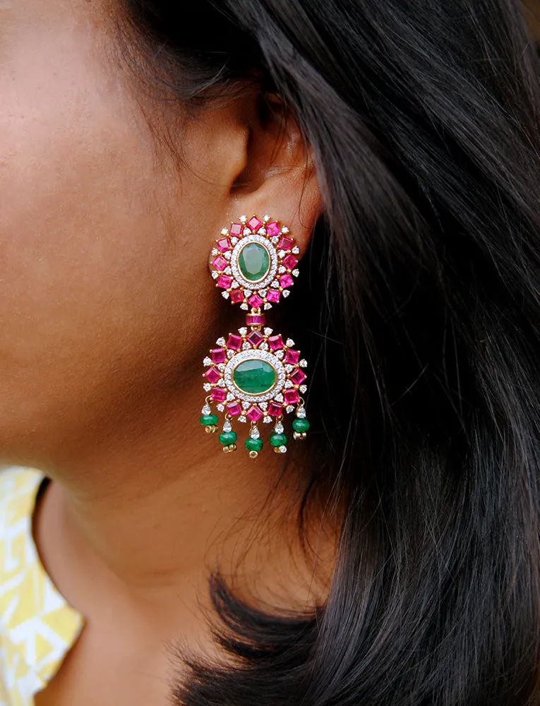 Natural Emerald, Ruby and Diamond Statement Earrings