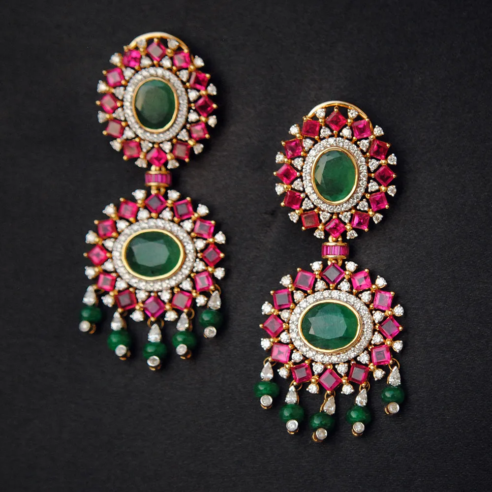 Natural Emerald, Ruby and Diamond Statement Earrings