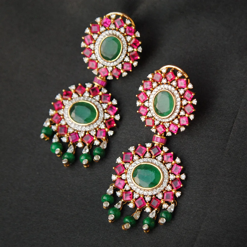 Natural Emerald, Ruby and Diamond Statement Earrings