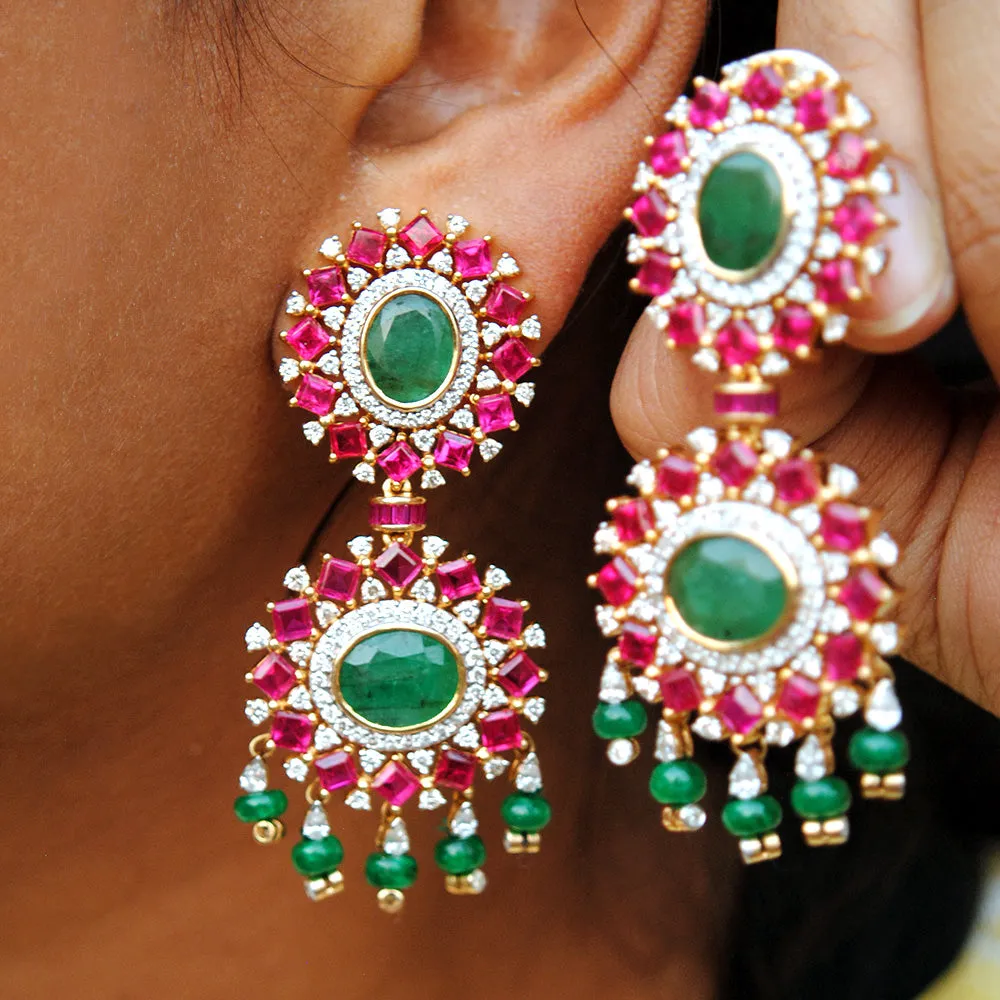 Natural Emerald, Ruby and Diamond Statement Earrings