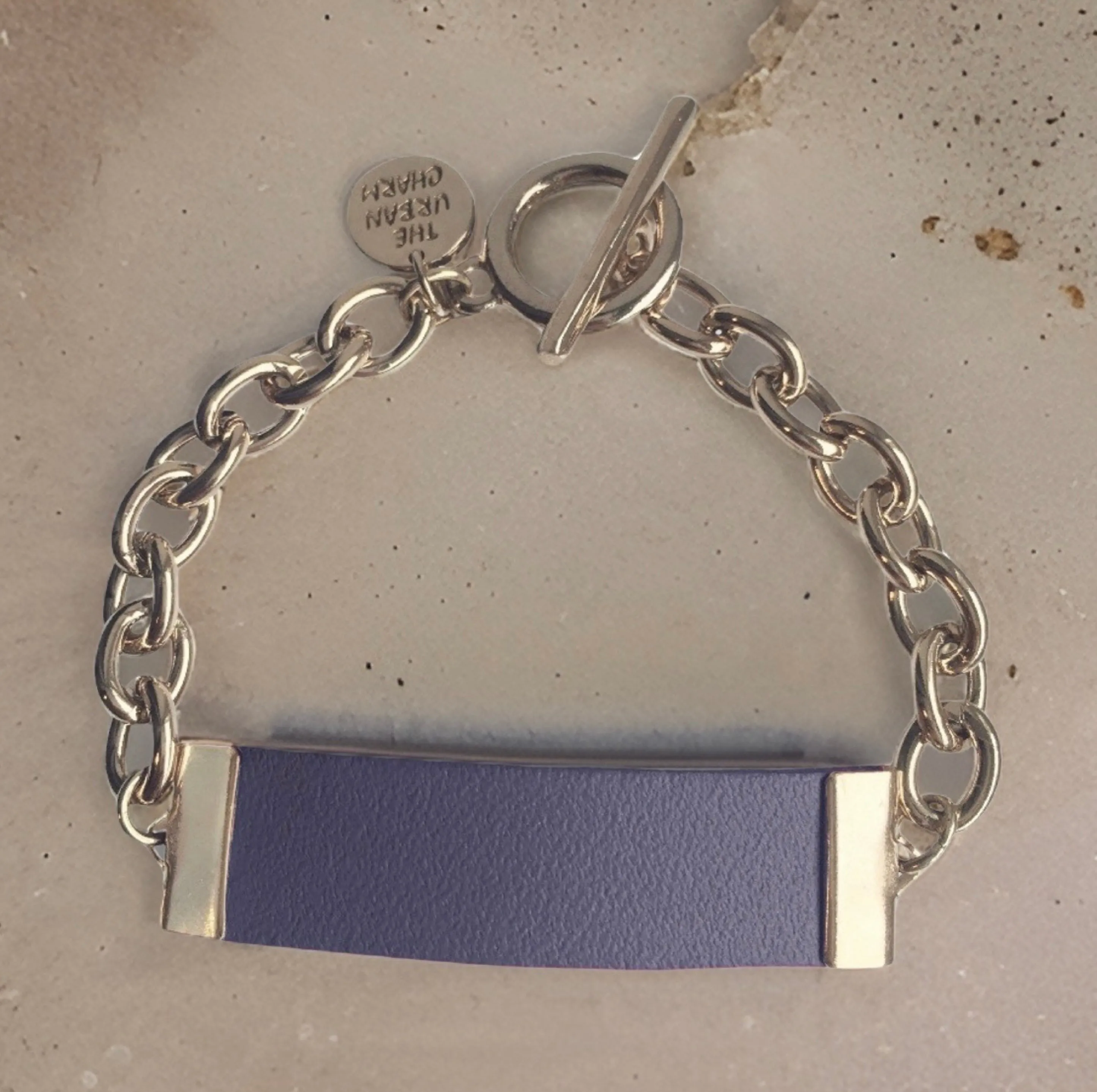 Navy Leather and Chain ID Toggle Bracelet
