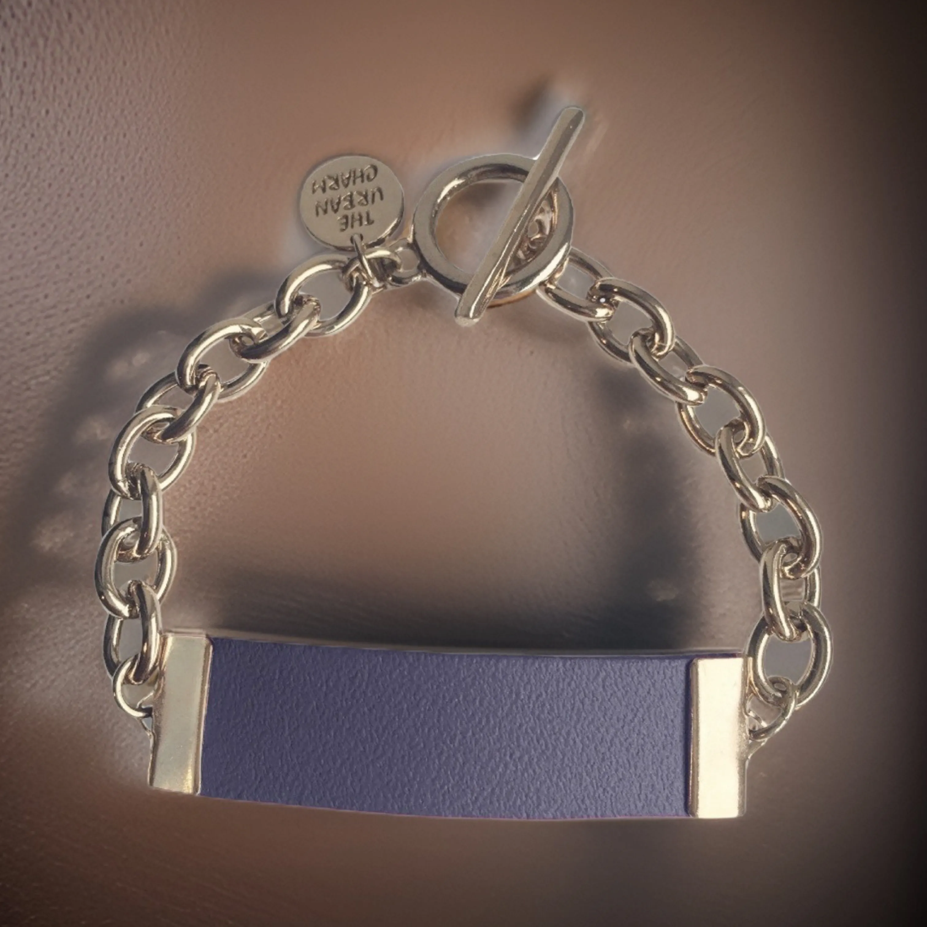 Navy Leather and Chain ID Toggle Bracelet
