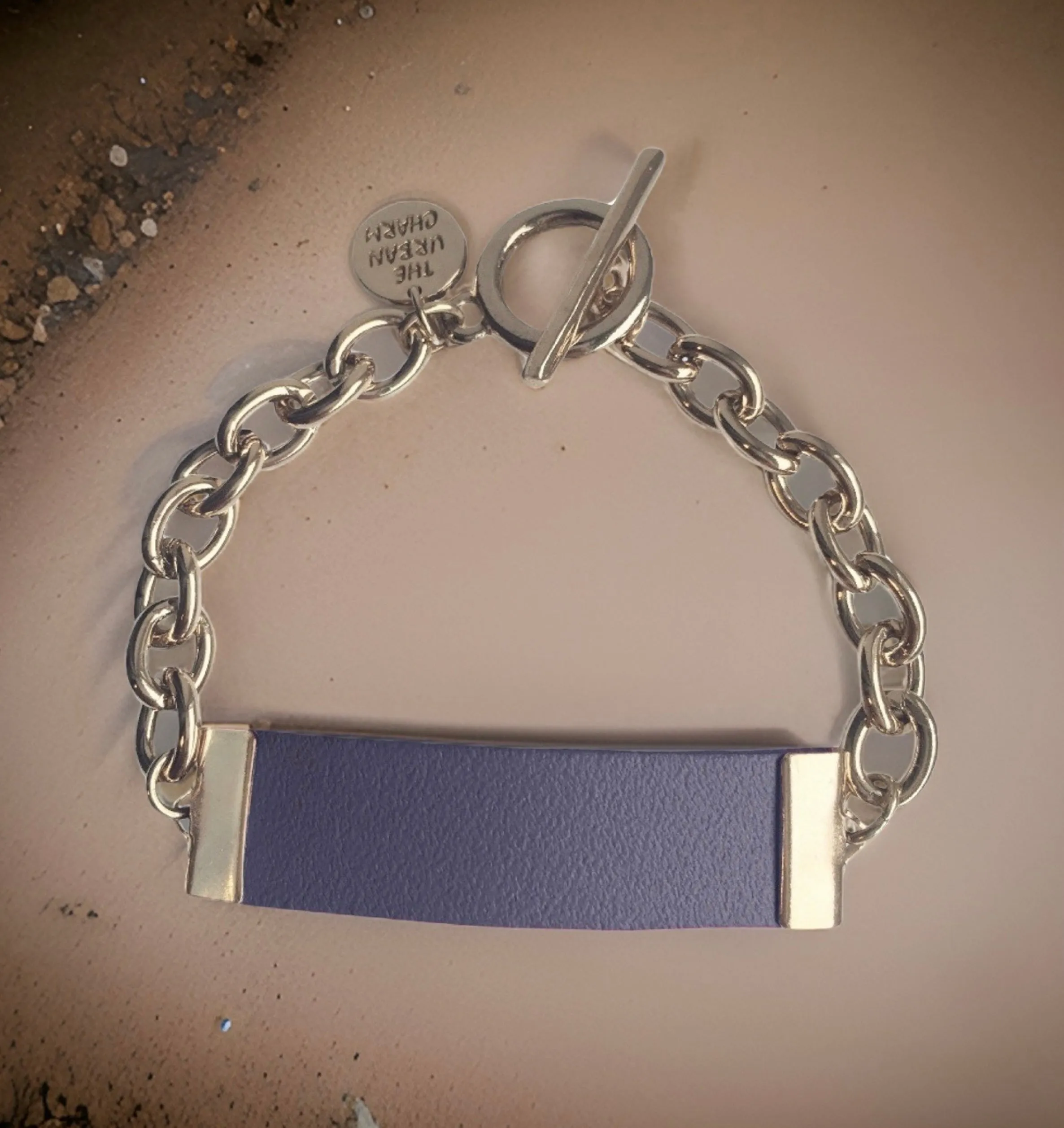 Navy Leather and Chain ID Toggle Bracelet