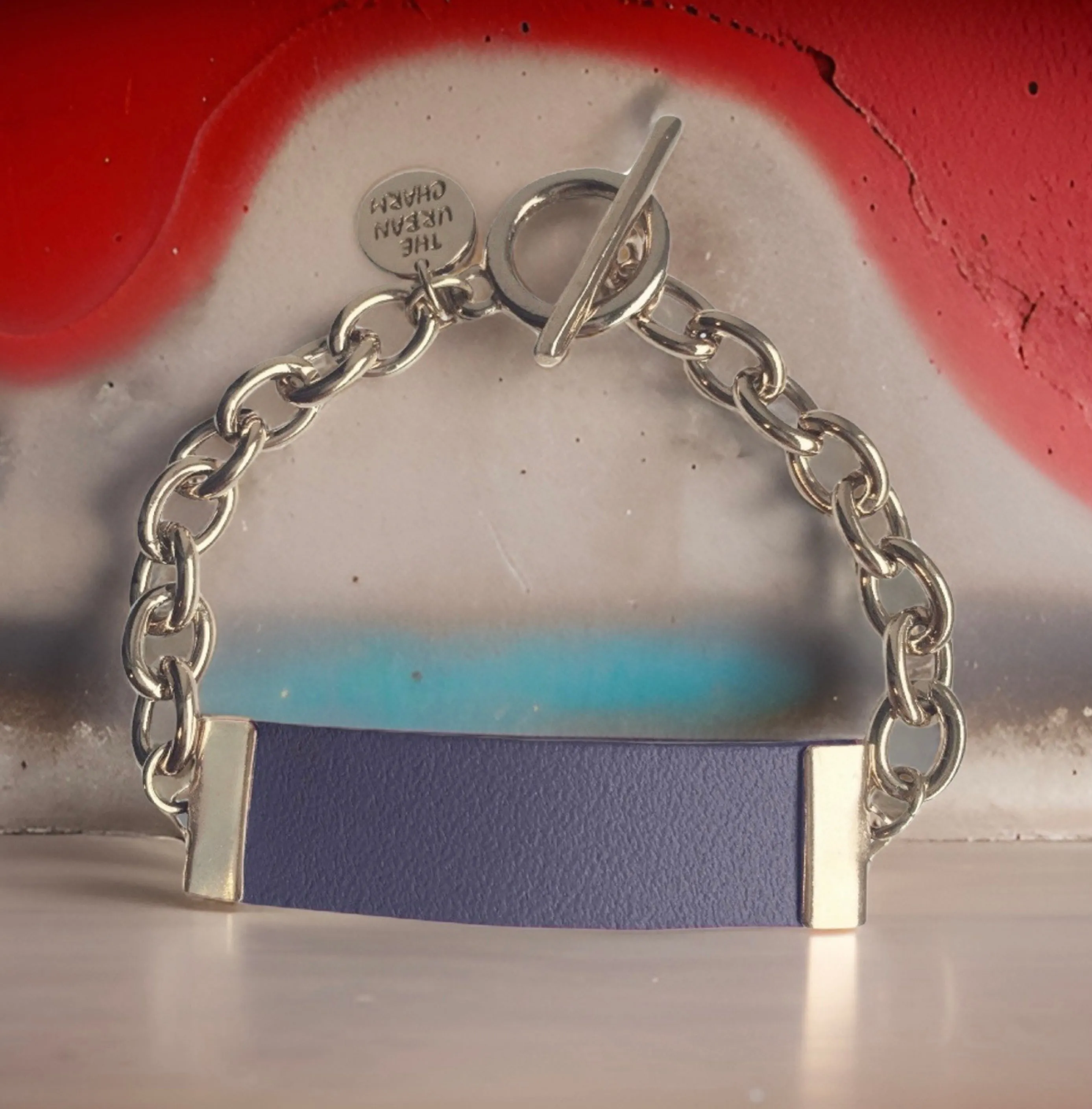 Navy Leather and Chain ID Toggle Bracelet