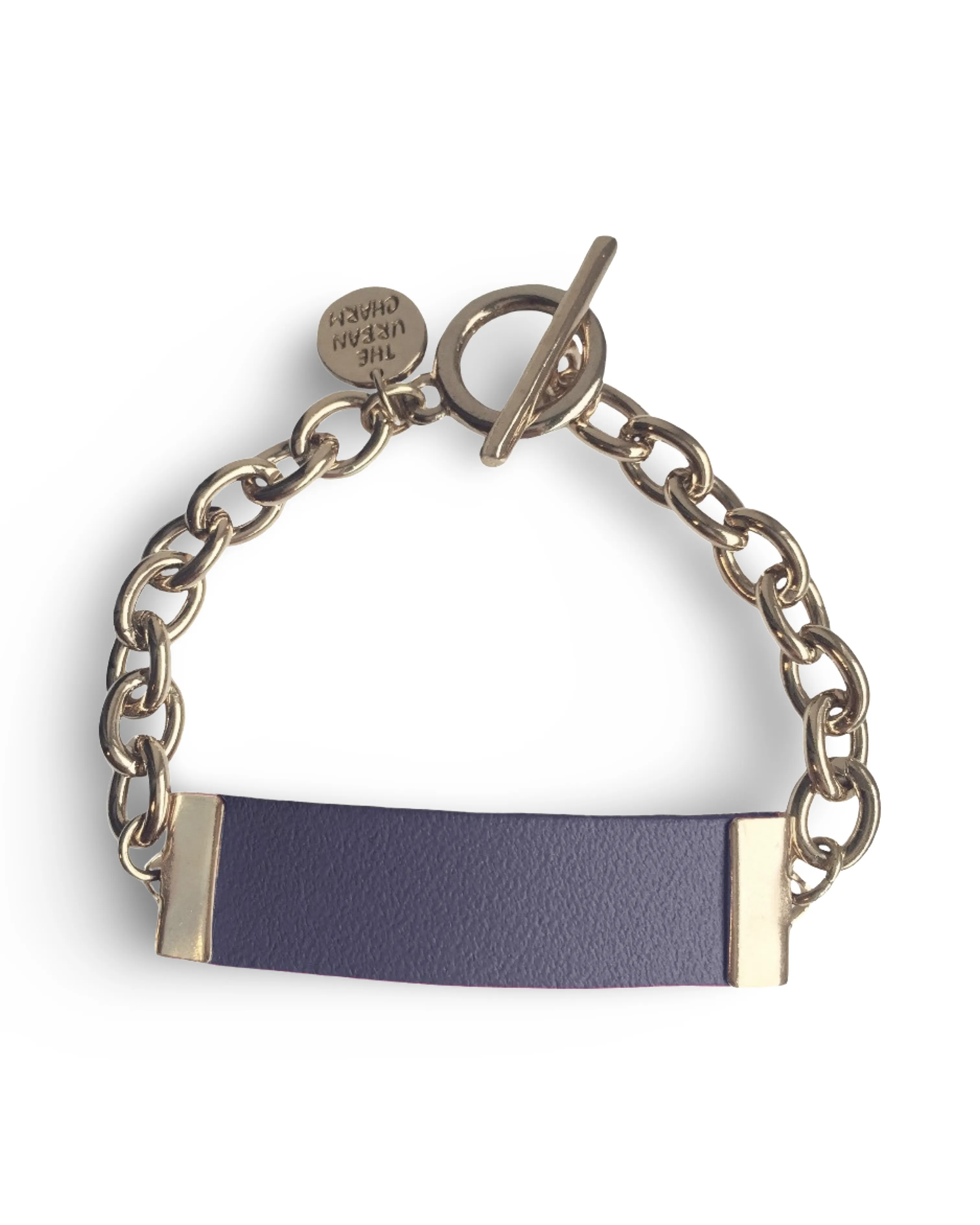 Navy Leather and Chain ID Toggle Bracelet