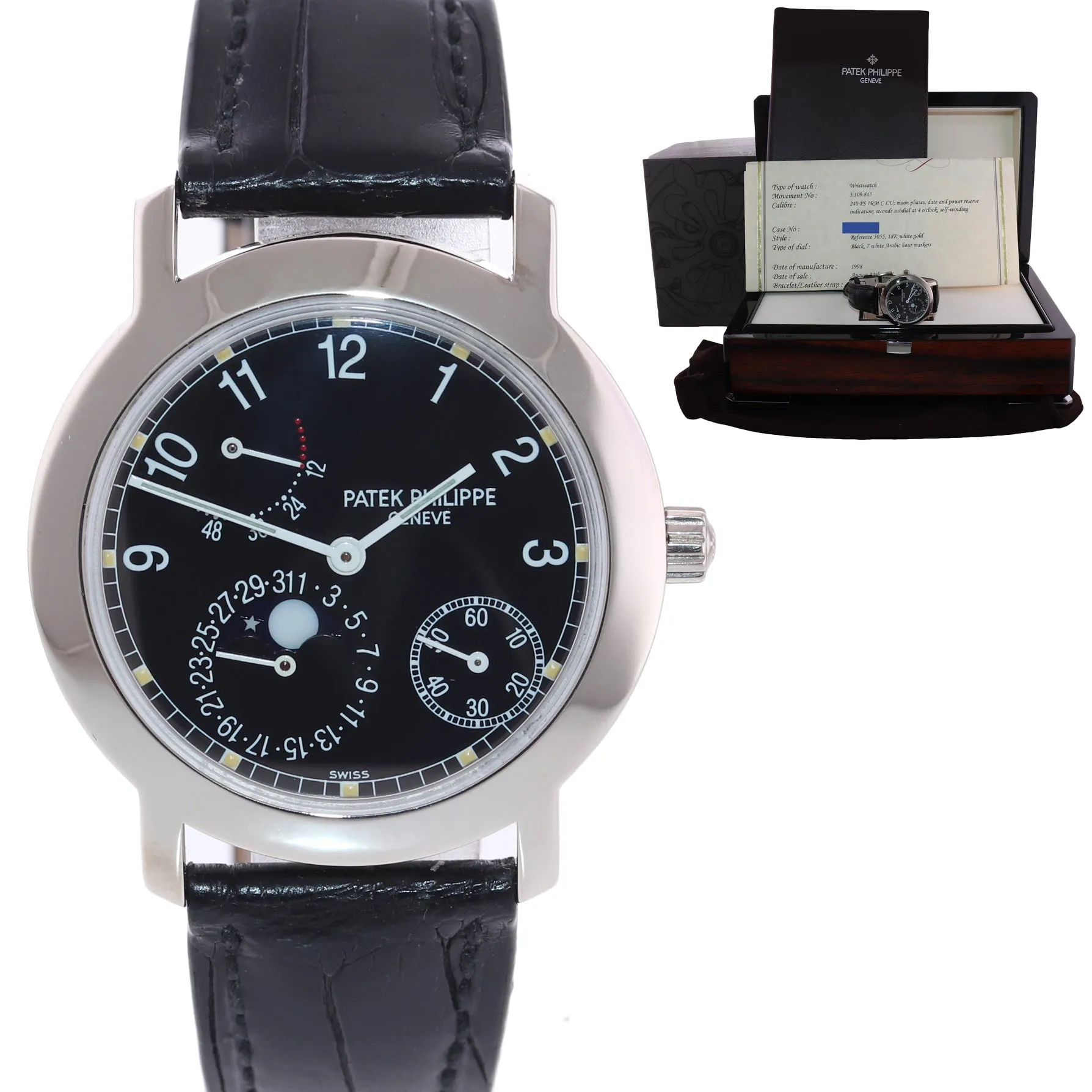 PAPERS Patek Philippe 5055g White Gold 36mm Moonphase Black Leather Watch
