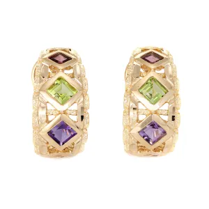 Rainbow Gemstone Earrings Vintage 14k Yellow Gold Medium Hoops Shrimp Jewelry