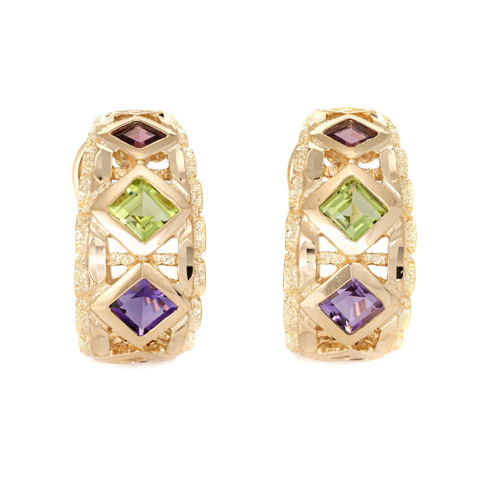 Rainbow Gemstone Earrings Vintage 14k Yellow Gold Medium Hoops Shrimp Jewelry