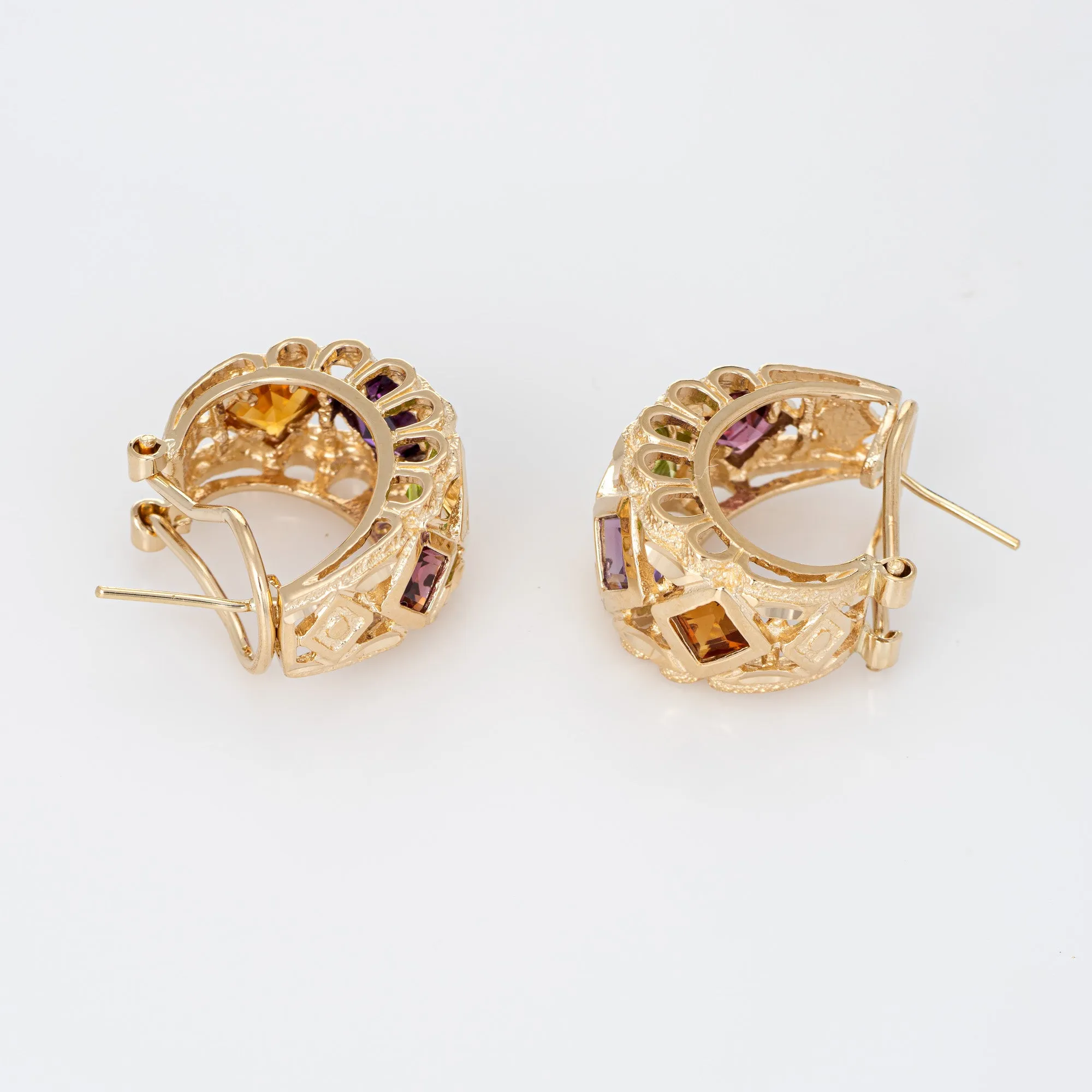 Rainbow Gemstone Earrings Vintage 14k Yellow Gold Medium Hoops Shrimp Jewelry