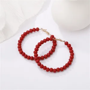 Red Wood Beaded Hoop Earrings