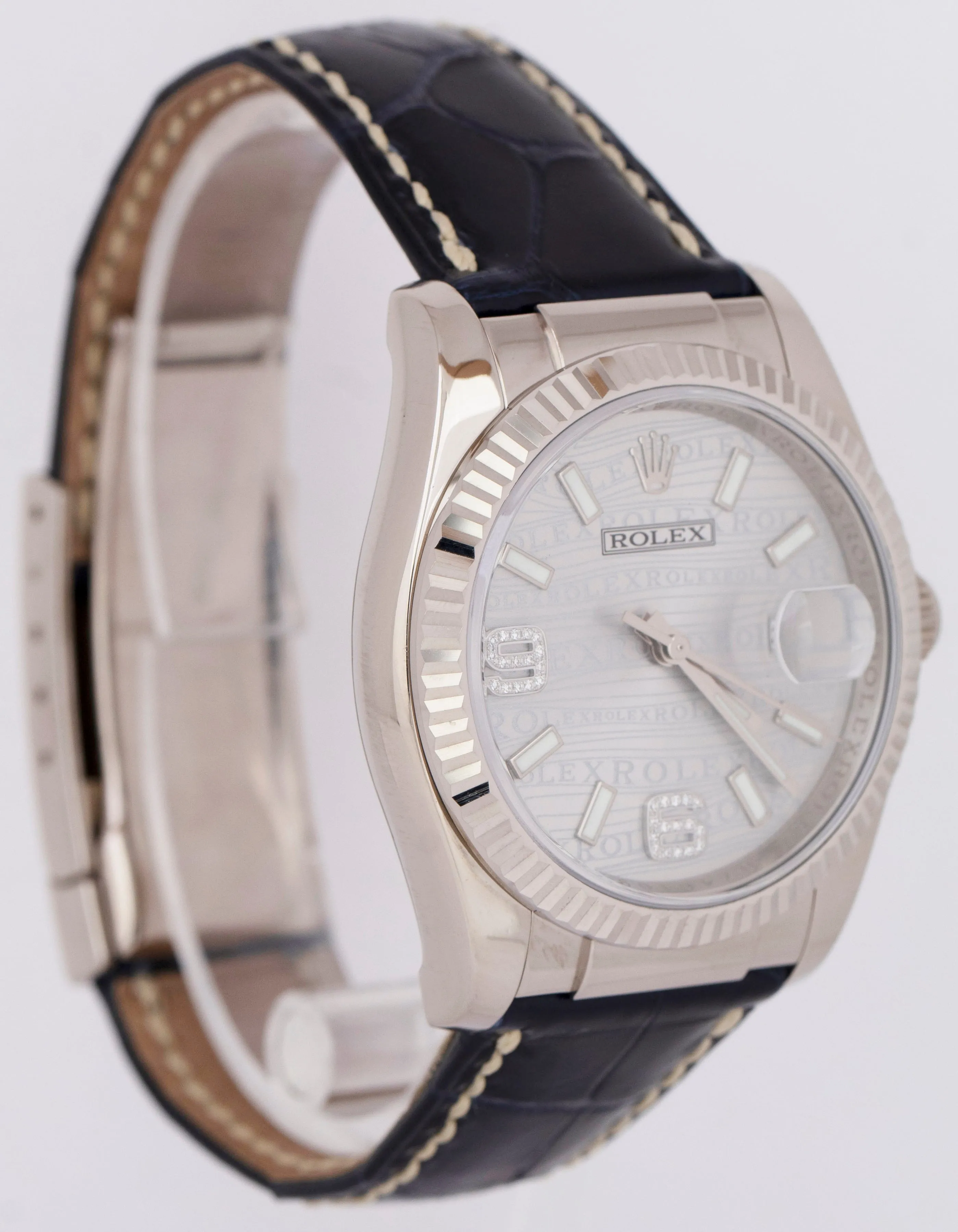 Rolex DateJust 36mm PAPERS Silver DIAMOND Arabic 18K White Gold Watch 116139 B P