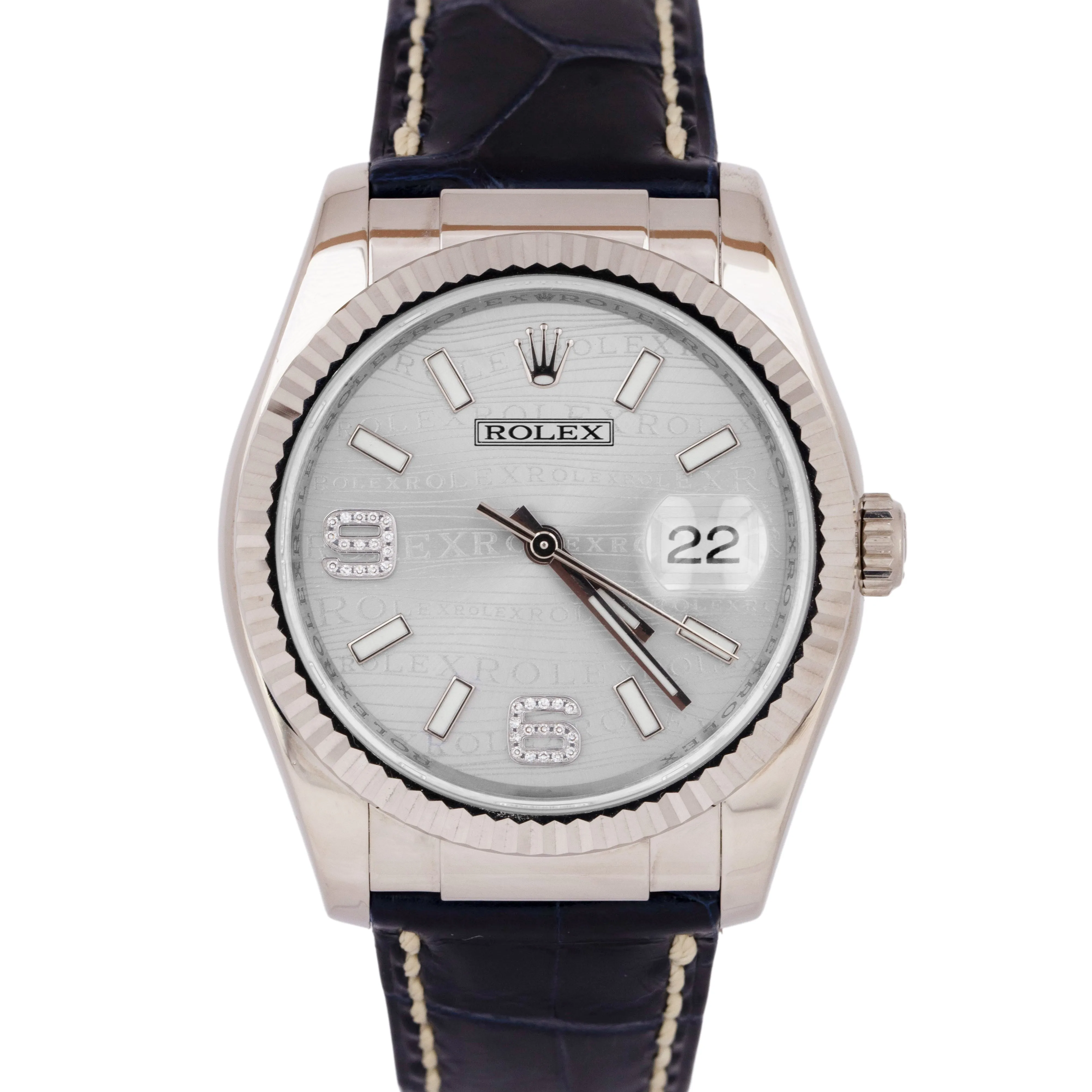 Rolex DateJust 36mm PAPERS Silver DIAMOND Arabic 18K White Gold Watch 116139 B P