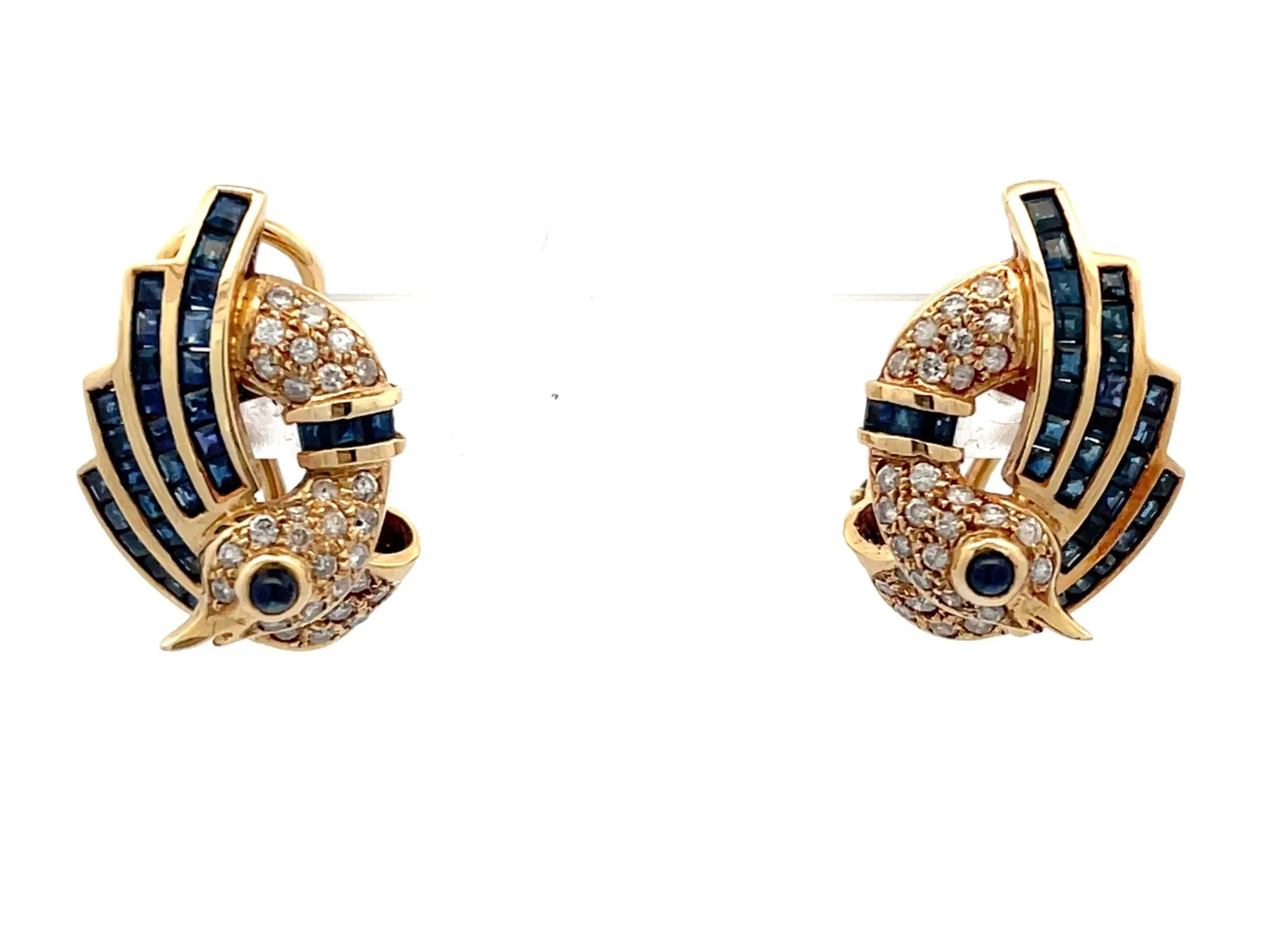 Sapphire and Diamond Swan Earrings in 14k Yellow Gold