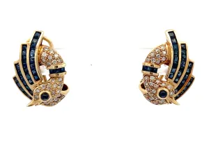 Sapphire and Diamond Swan Earrings in 14k Yellow Gold
