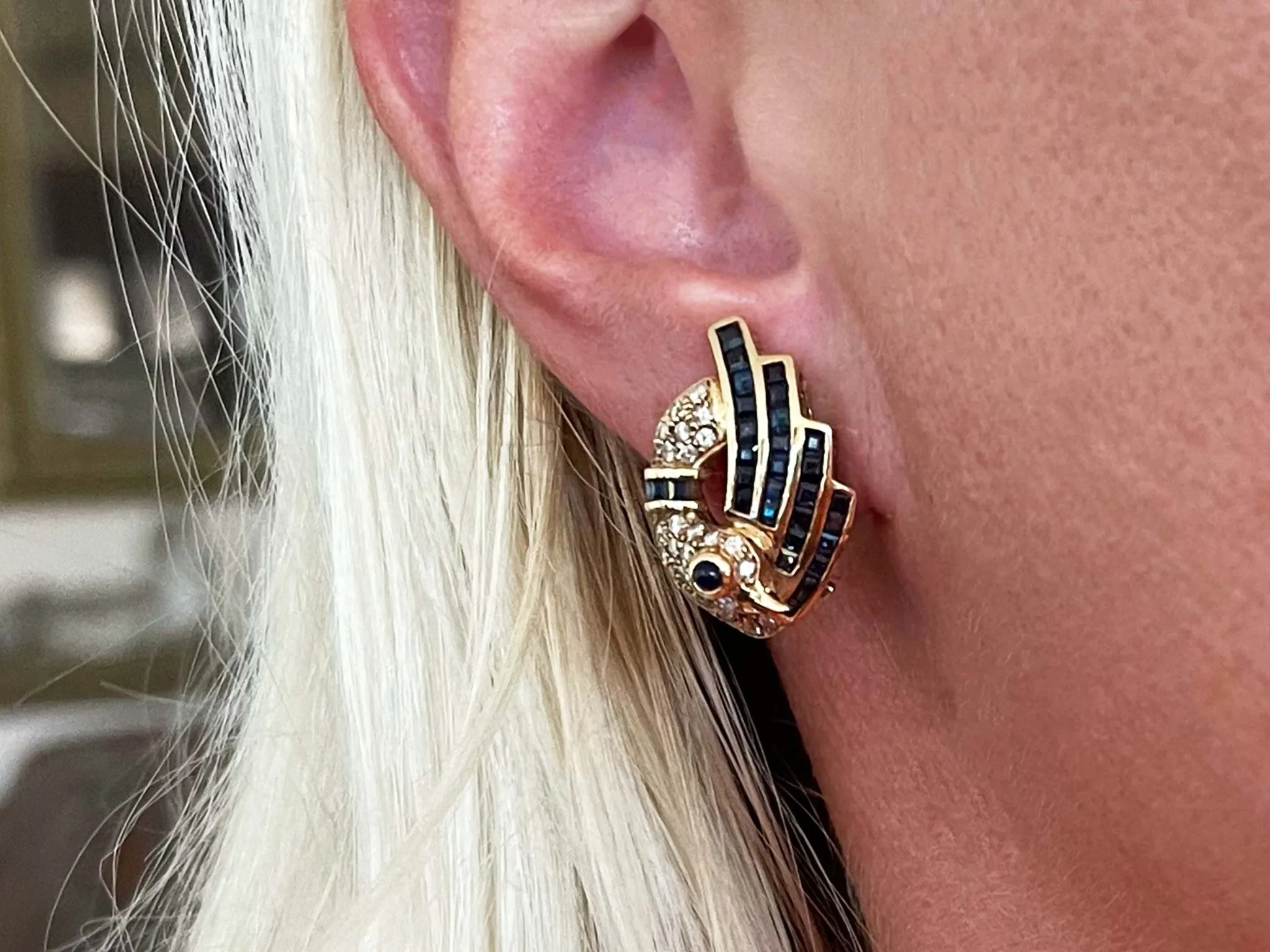 Sapphire and Diamond Swan Earrings in 14k Yellow Gold