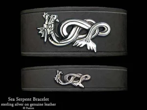 Sea Serpent Bracelet Sterling Silver on Genuine Leather