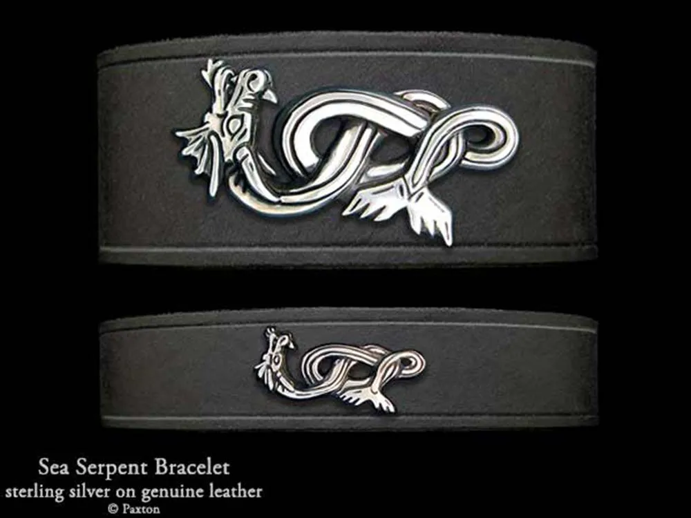 Sea Serpent Bracelet Sterling Silver on Genuine Leather