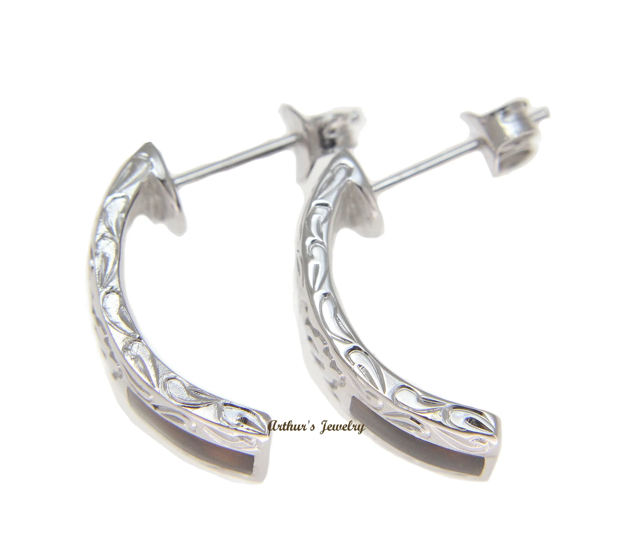 SILVER 925 GENUINE HAWAIIAN KOA WOOD HONU TURTLE SCROLL HOOP EARRINGS RHODIUM