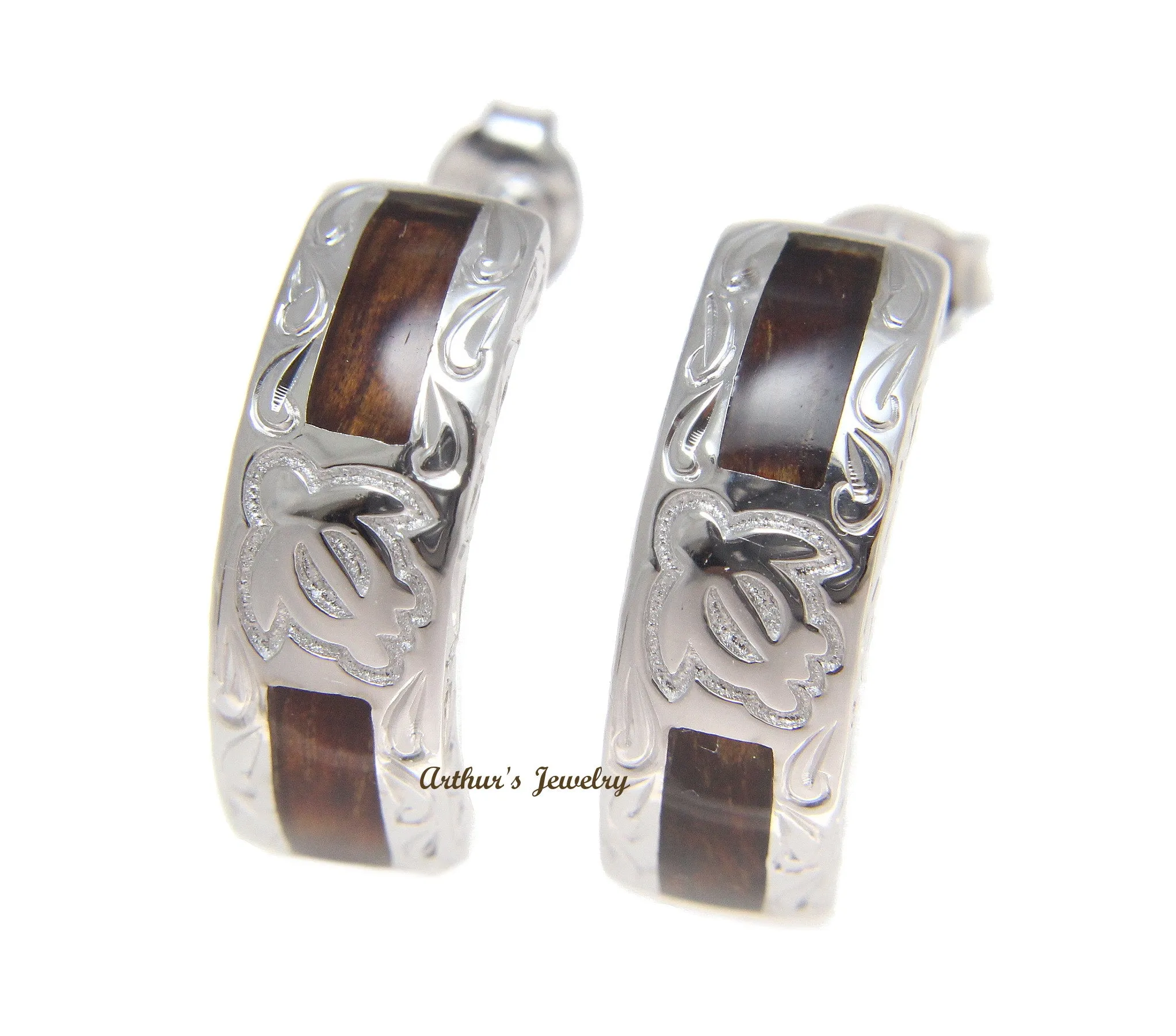 SILVER 925 GENUINE HAWAIIAN KOA WOOD HONU TURTLE SCROLL HOOP EARRINGS RHODIUM