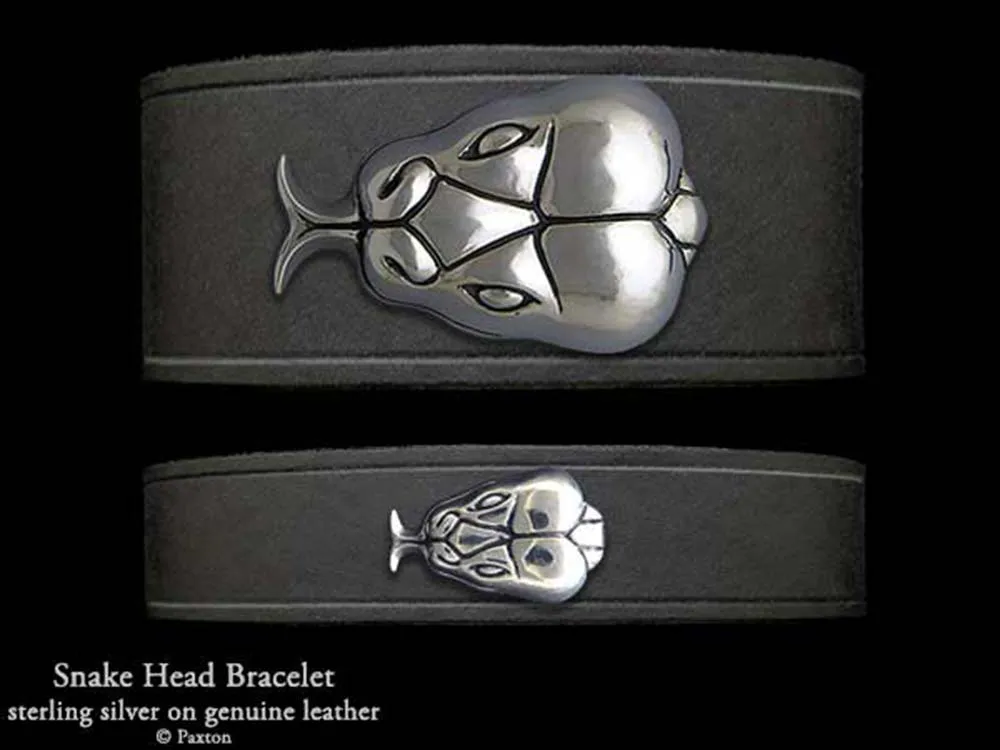 Snake Head Bracelet Sterling Silver on Genuine Leather