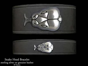 Snake Head Bracelet Sterling Silver on Genuine Leather