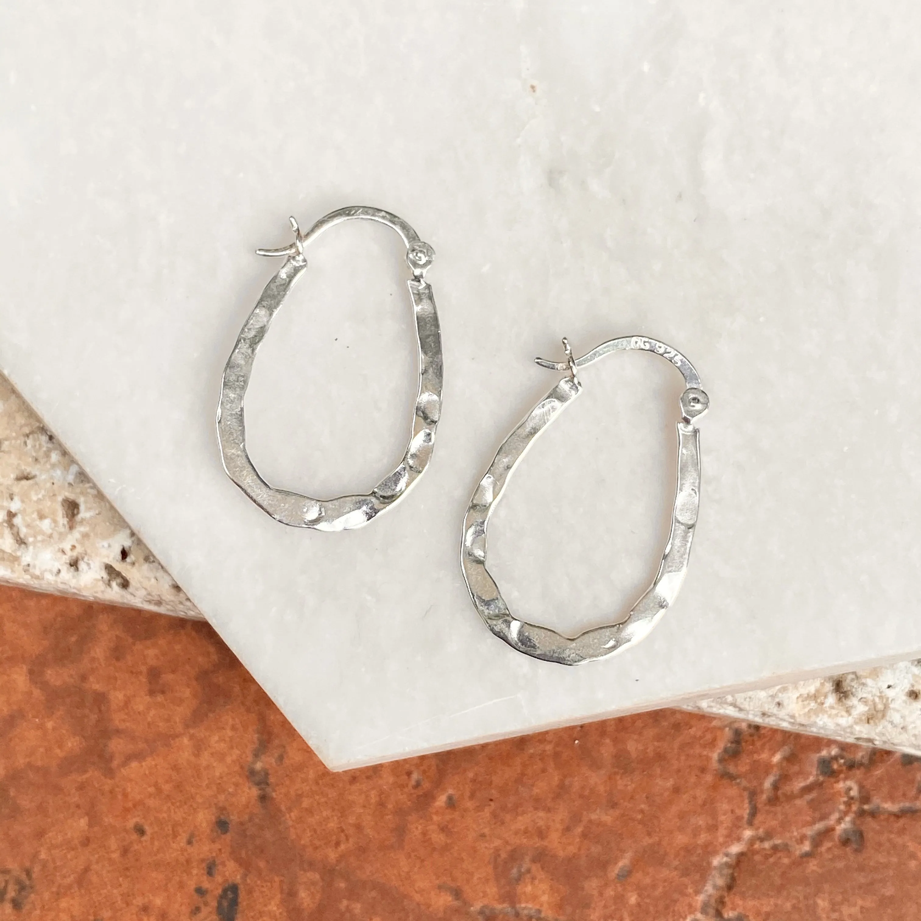 Sterling Silver Hammered Oval Hoop Earrings 20mm