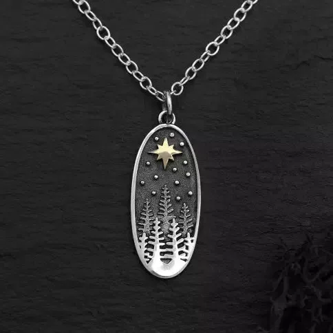 Sterling Silver Pine Tree Necklace with Bronze Star