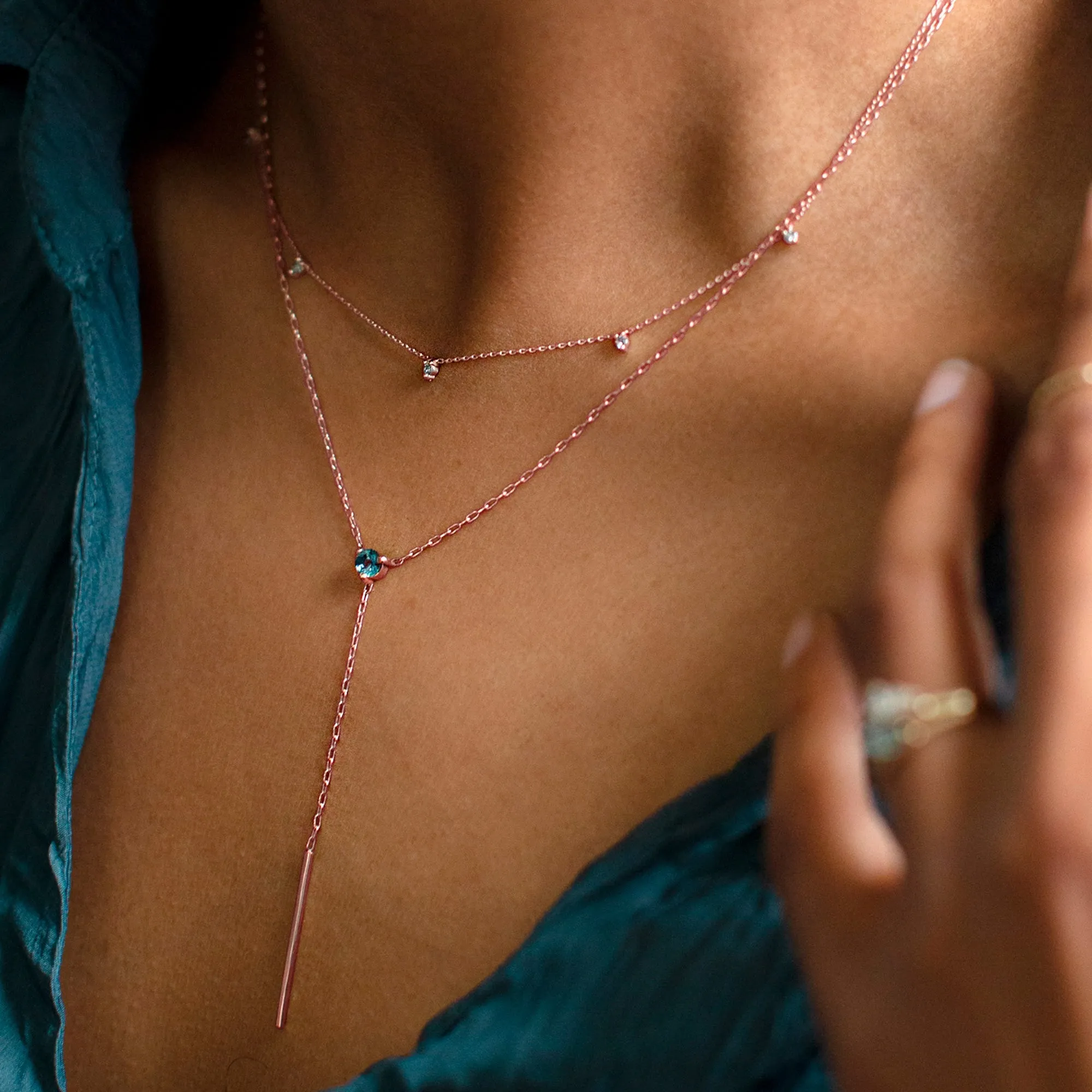 The Blue Montana Sapphire Gemstone Lariat Necklace | 10K Rose Gold