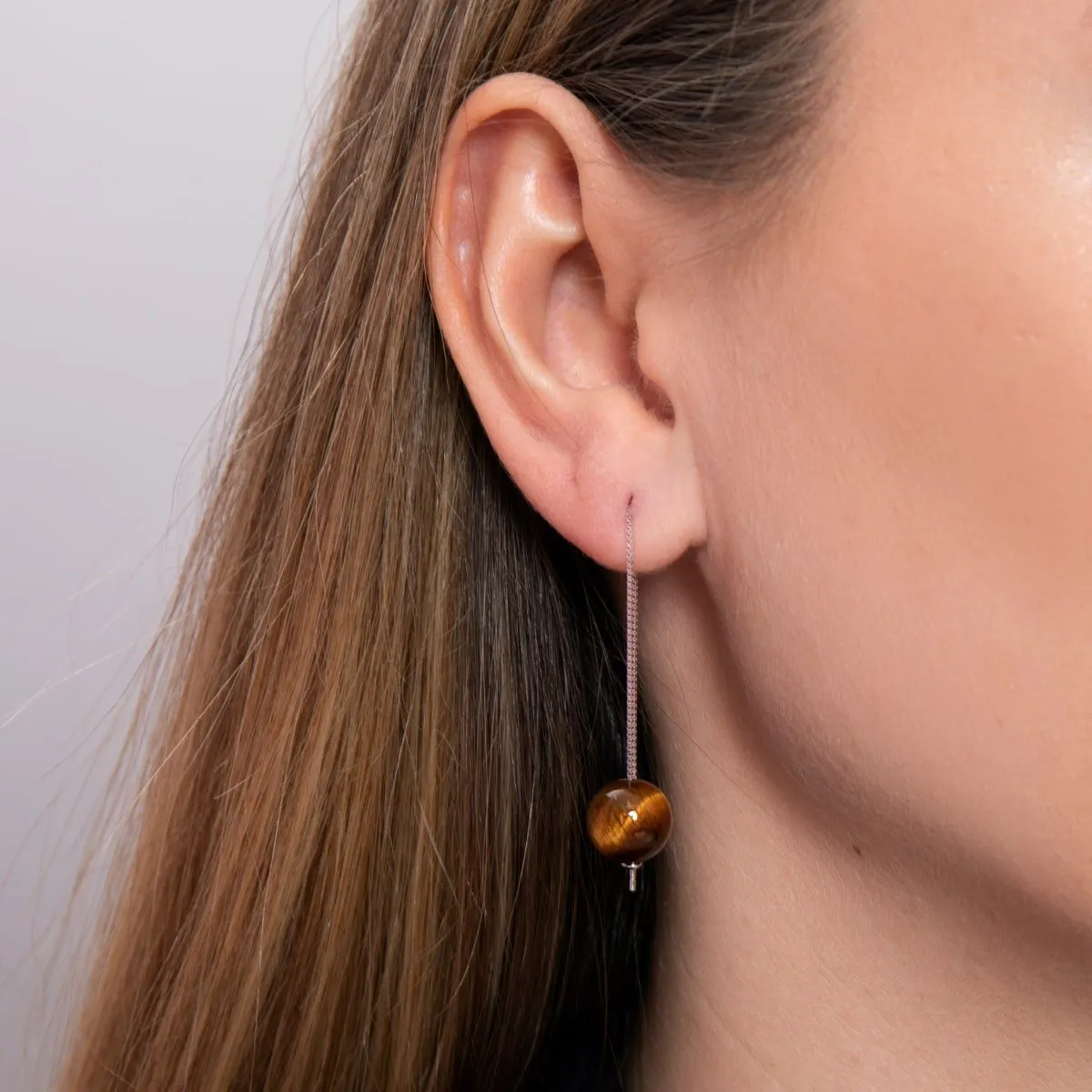 Tigers Eye | .925 Sterling Silver | Chain Drop Threader Gemstone Earrings
