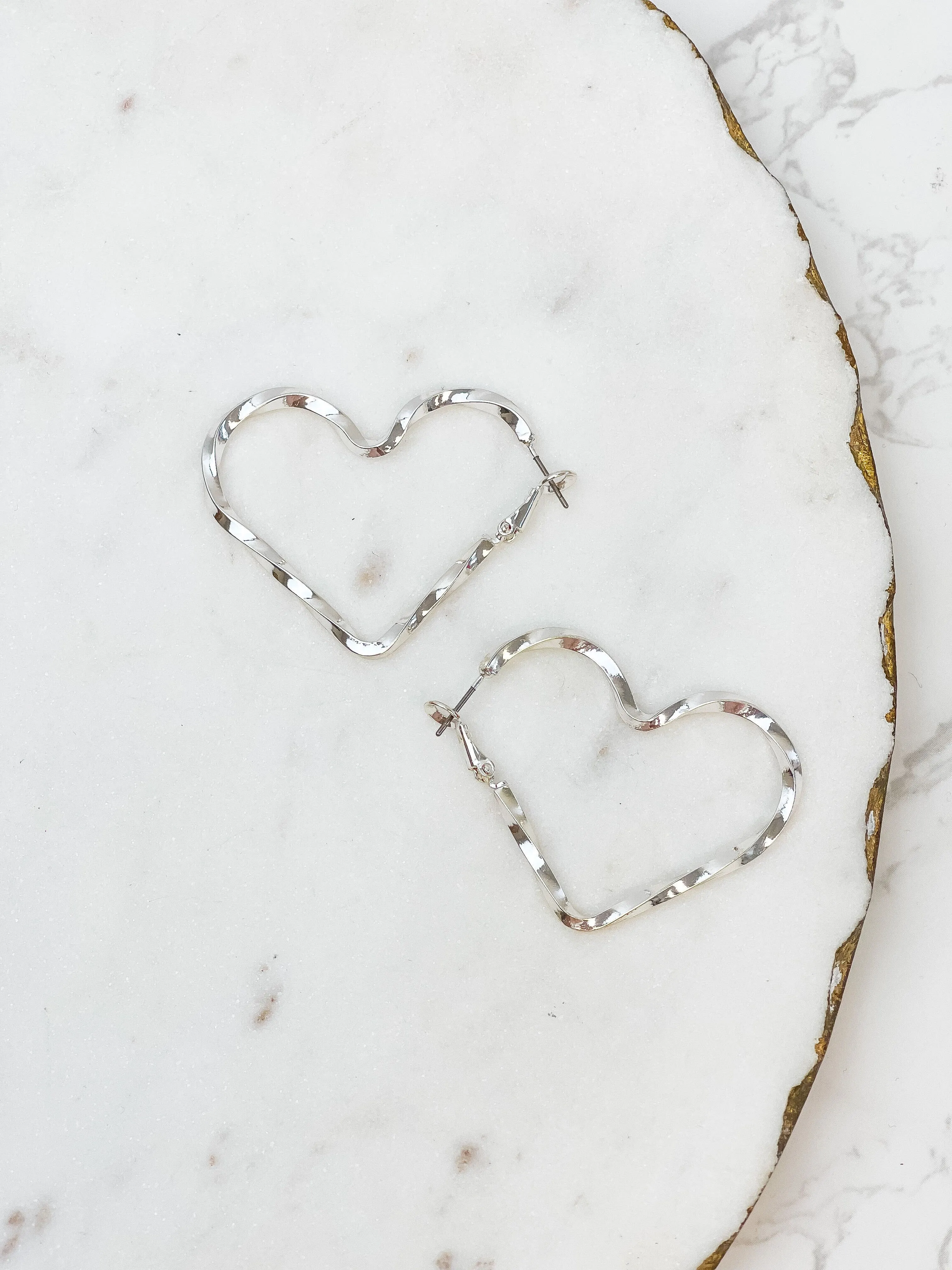 Twisted Heart Hoop Earrings - Silver