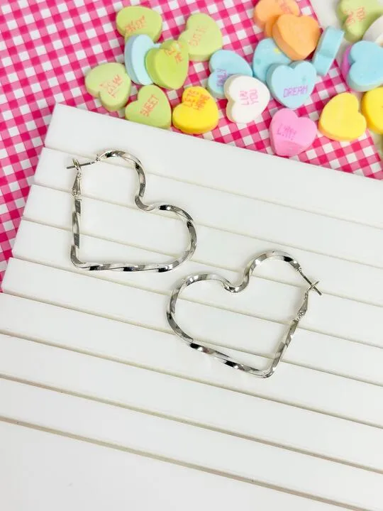 Twisted Heart Hoop Earrings - Silver