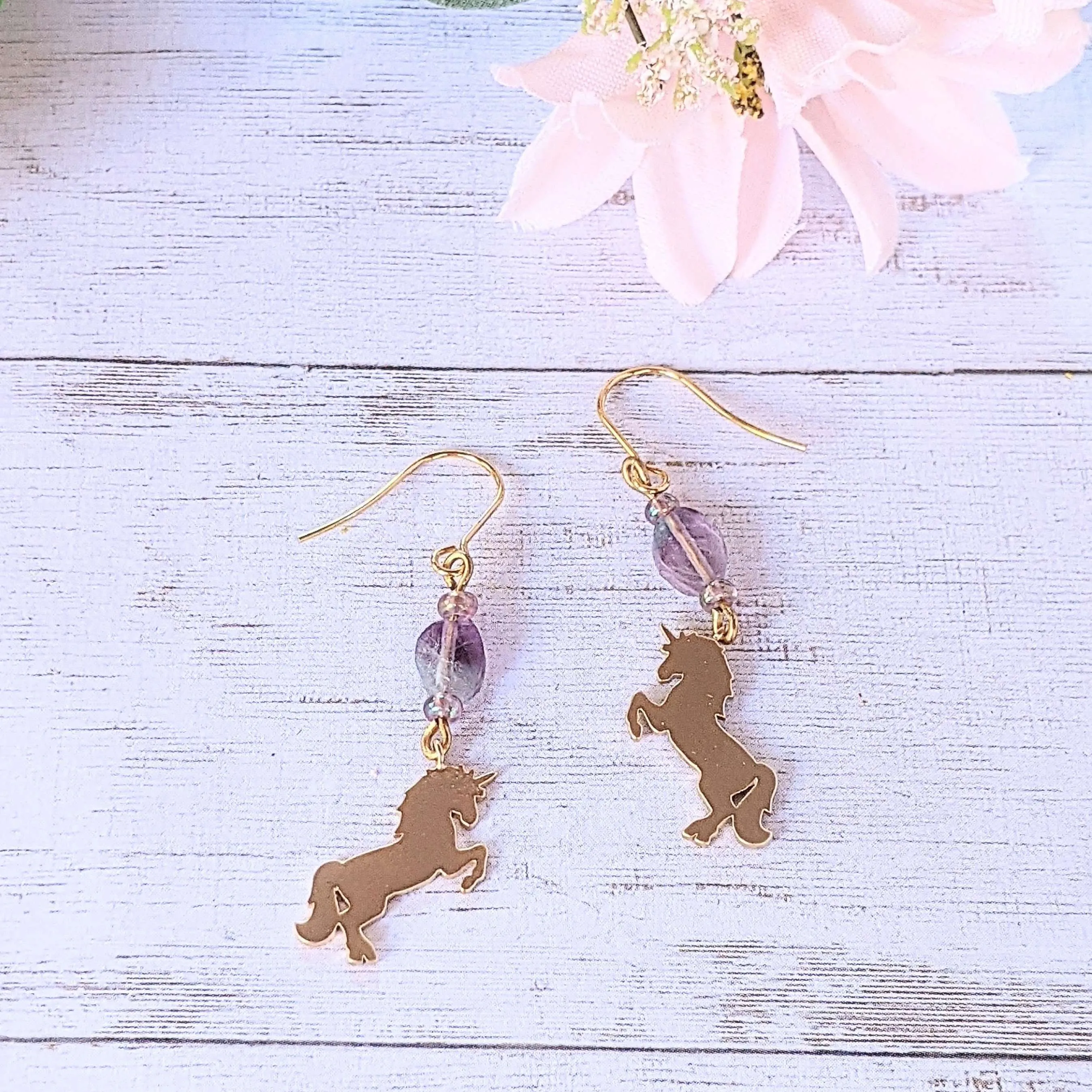 Unicorn Gemstone Gold dangle earrings