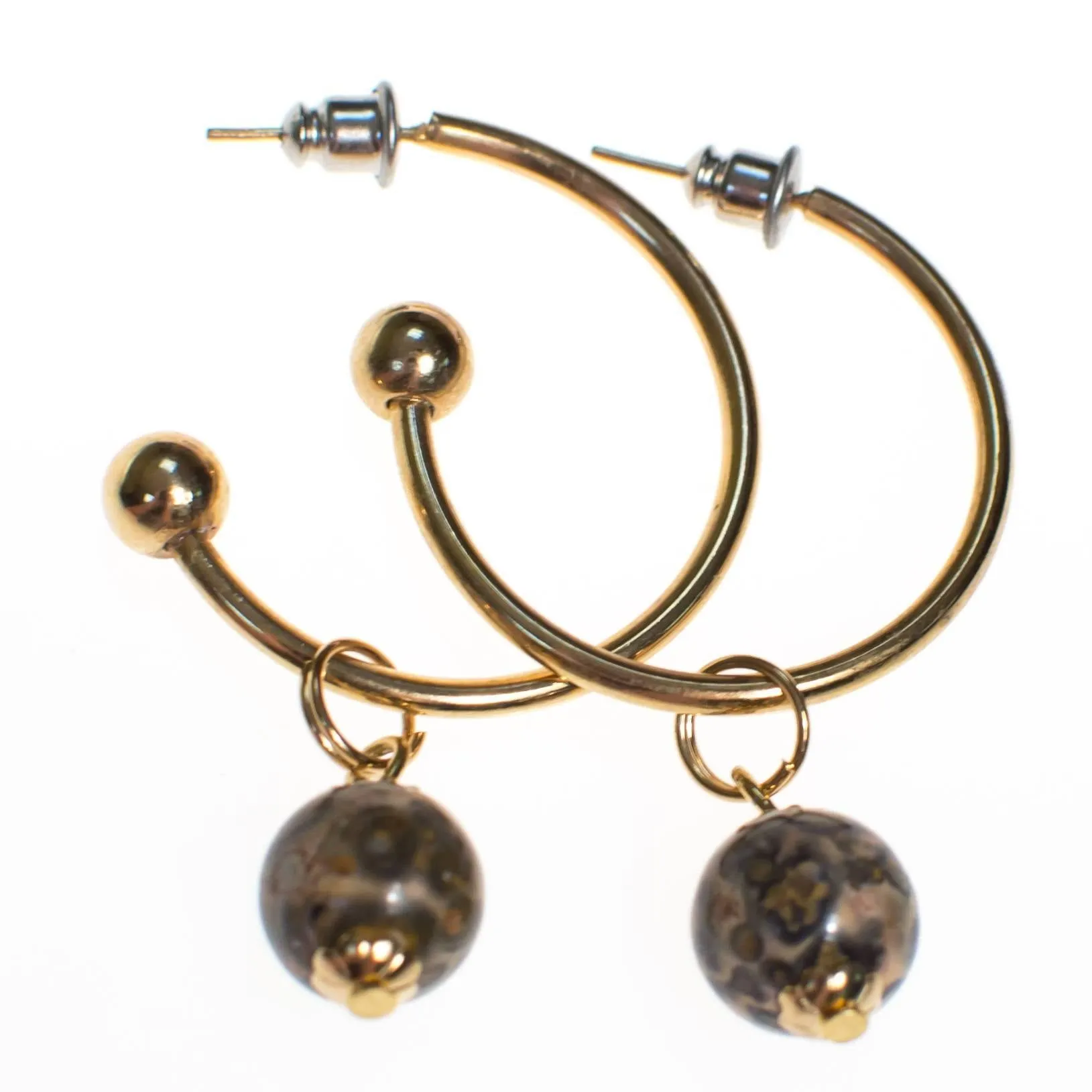 Vintage Gold Hoop Earrings with Speckled Jasper Bead