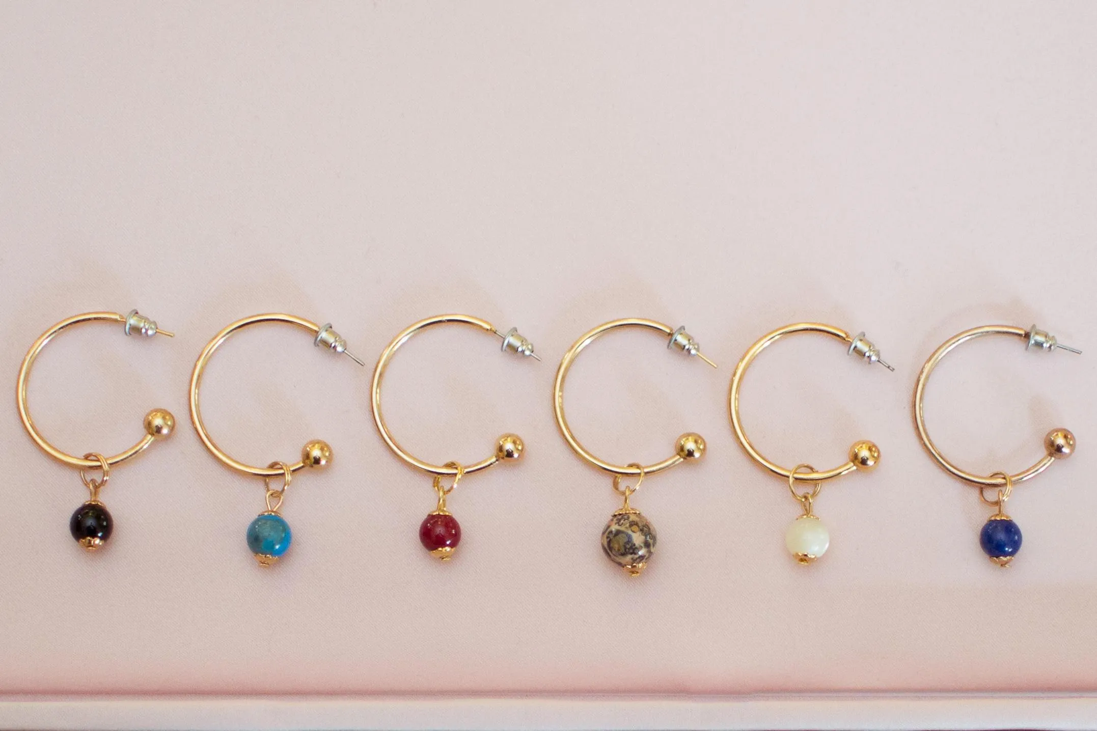 Vintage Gold Hoop Earrings with Speckled Jasper Bead
