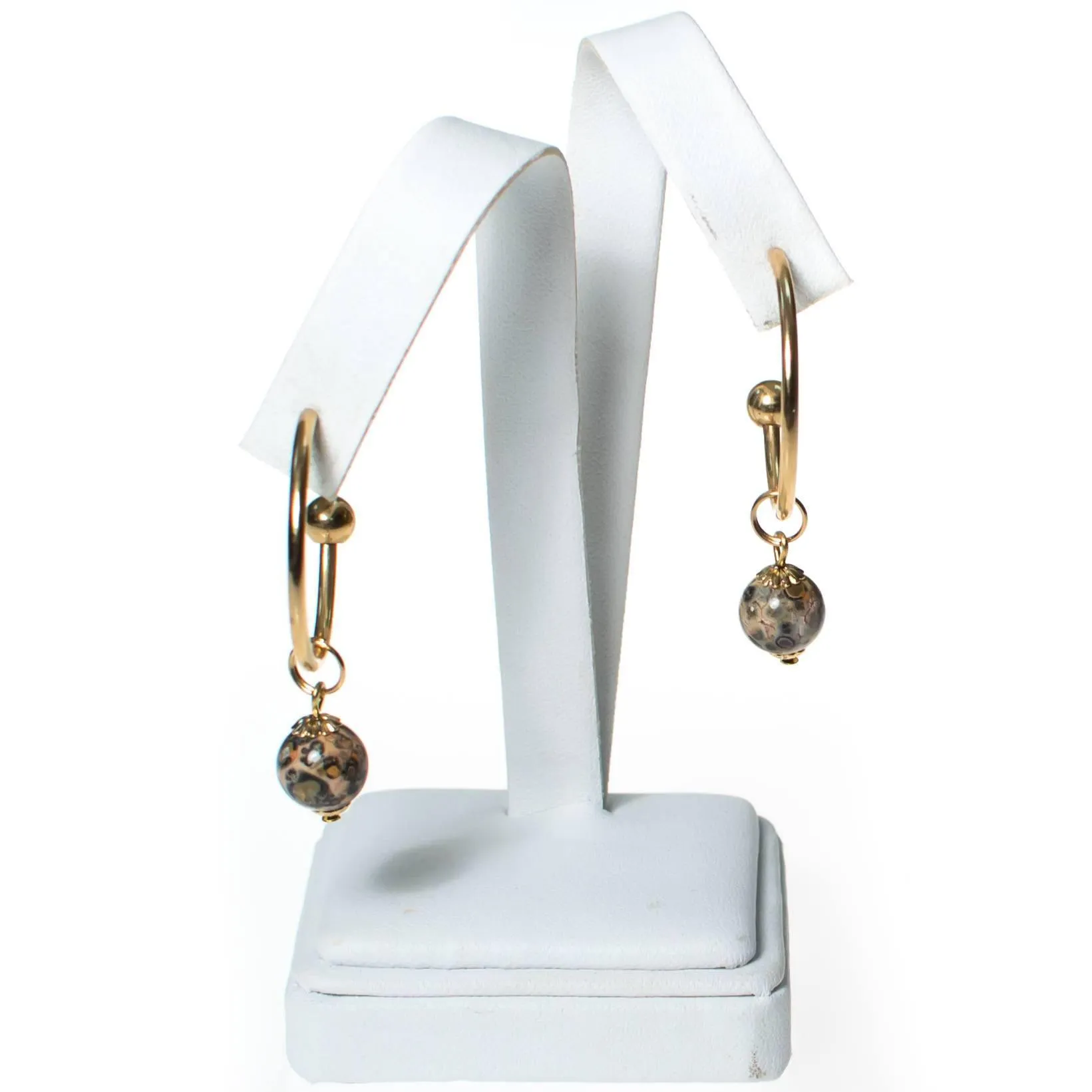 Vintage Gold Hoop Earrings with Speckled Jasper Bead